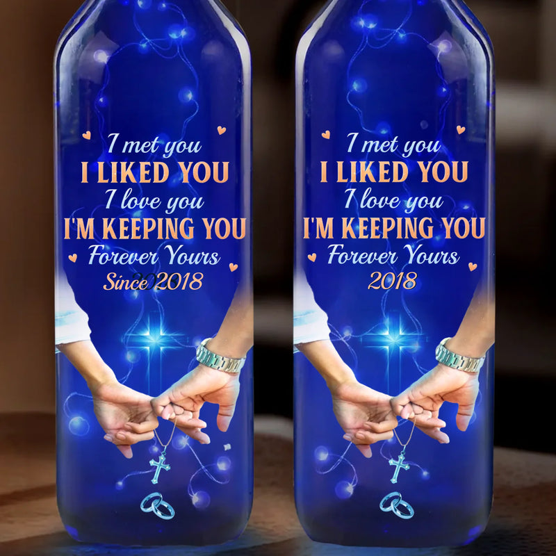 Forever Yours, Since The Day We Met - Couple Personalized Custom Blue Bottle Lamp - Gift For Husband Wife, Anniversary