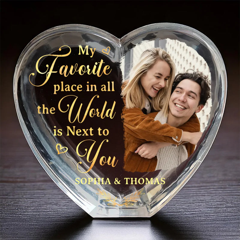 Custom Photo Next To You Is My Favorite Place - Couple Personalized Custom 3D Crystal Heart Shaped - Gift For Husband Wife, Anniversary