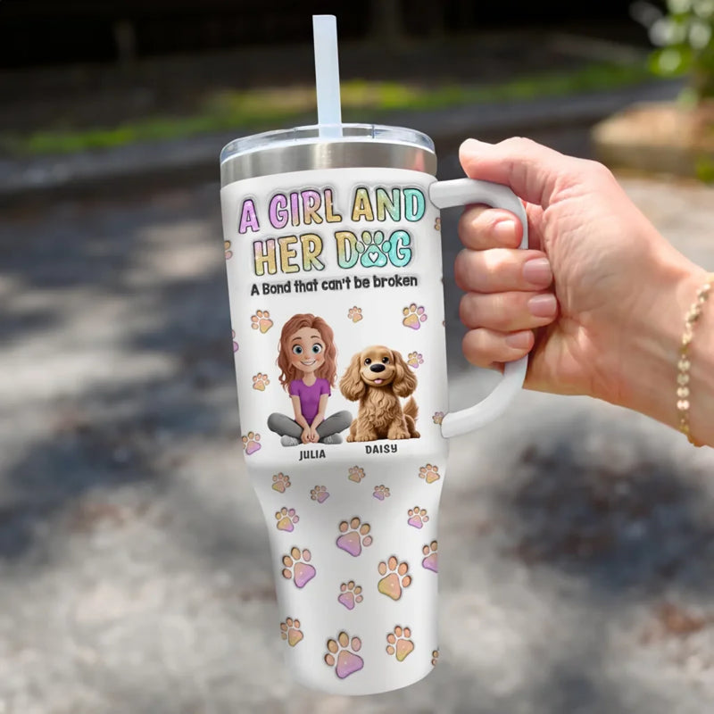 Girl’s Best Friend, Furry And True - Dog Personalized Custom 3D Inflated Effect Printed 40 Oz Stainless Steel Tumbler With Handle - Gift For Pet Owners, Pet Lovers
