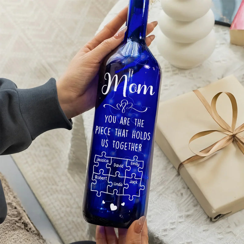 You Are The Piece That Holds Us Together - Family Personalized Custom Blue Bottle Lamp - Mother's Day, Gift For Mom, Grandma