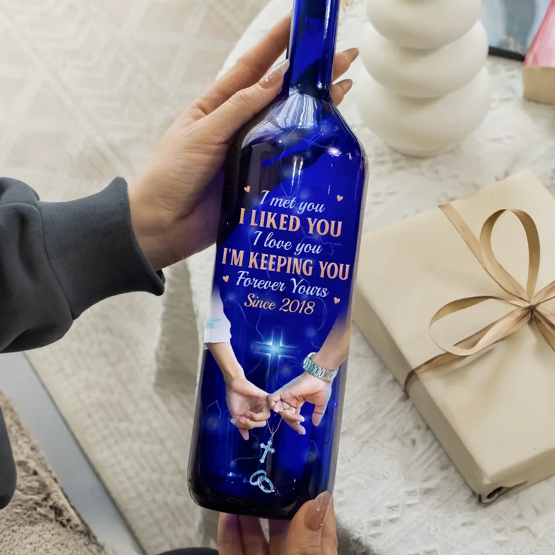 Forever Yours, Since The Day We Met - Couple Personalized Custom Blue Bottle Lamp - Gift For Husband Wife, Anniversary