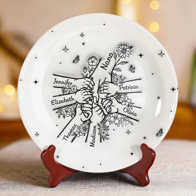 Holding Mom’s Hand, Holding Love - Family Personalized Custom 3D Inflated Effect Printed Ceramic Plate - Mother's Day, Gift For Mom, Grandma