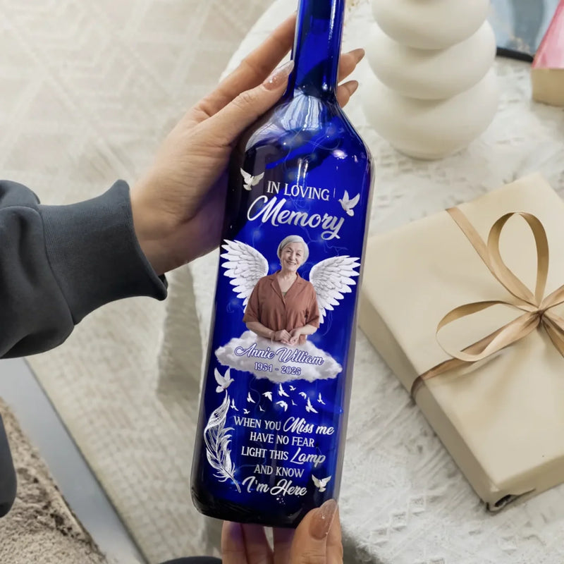 Custom Photo Though You Are Gone, Your Love Will Stay - Memorial Personalized Custom Blue Bottle Lamp - Sympathy Gift For Family Members