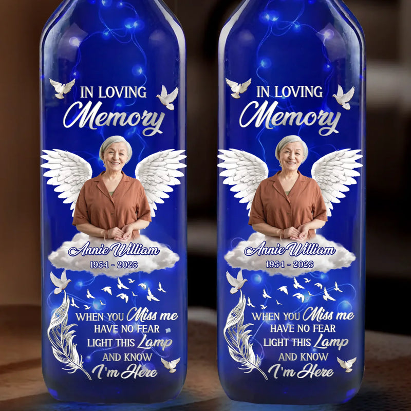Custom Photo Though You Are Gone, Your Love Will Stay - Memorial Personalized Custom Blue Bottle Lamp - Sympathy Gift For Family Members