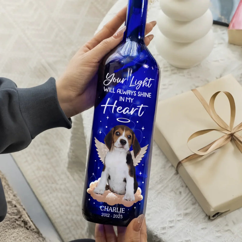 Custom Photo Your Light Will Always Shine In My Heart - Memorial Personalized Custom Blue Bottle Lamp - Sympathy Gift For Pet Owners, Pet Lovers