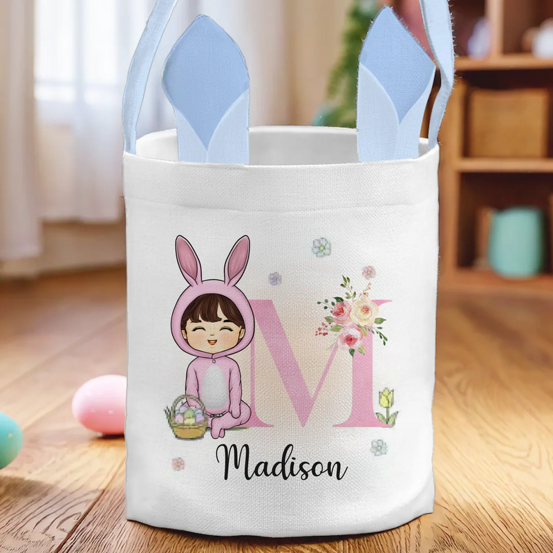 Hoppy Easter, Little Bunny - Family Personalized Custom Bunny Basket, Tote With Bunny Ears  - Easter Gift For Kids Egg Hunt, Family Members