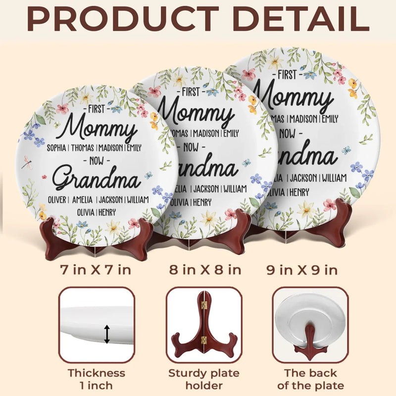 First Mother, Now Grandmother - Family Personalized Custom Ceramic Plate - Mother's Day, Gift For Mom, Grandma