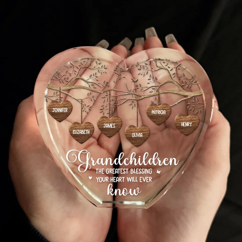 Cherish The Love That Grows With Family - Family Personalized Custom 3D Crystal Heart Shaped - Mother's Day, Gift For Mom, Grandma