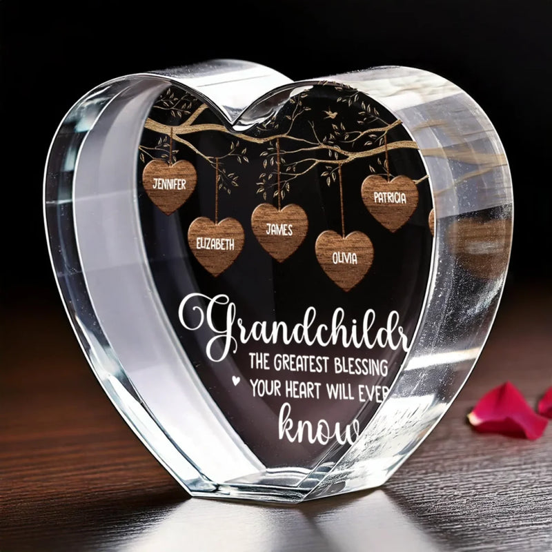 Cherish The Love That Grows With Family - Family Personalized Custom 3D Crystal Heart Shaped - Mother's Day, Gift For Mom, Grandma