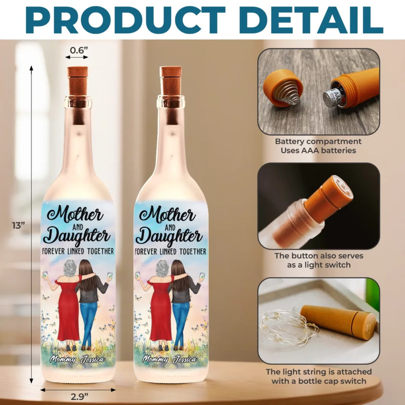 Mother And Daughter, Forever Connected - Family Personalized Custom Bottle Lamp - Mother's Day, Gift For Mom, Daughter