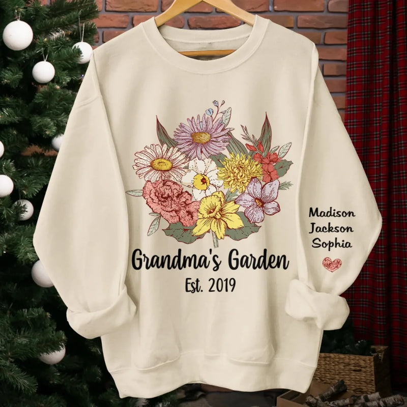 Each Flower Tells A Story, Every Name Holds Love - Family Personalized Custom Unisex Sweatshirt, Hoodie With Design On Sleeve - Mother's Day, Gift For Mom, Grandma