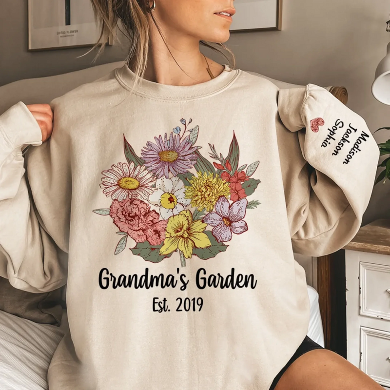 Each Flower Tells A Story, Every Name Holds Love - Family Personalized Custom Unisex Sweatshirt, Hoodie With Design On Sleeve - Mother's Day, Gift For Mom, Grandma