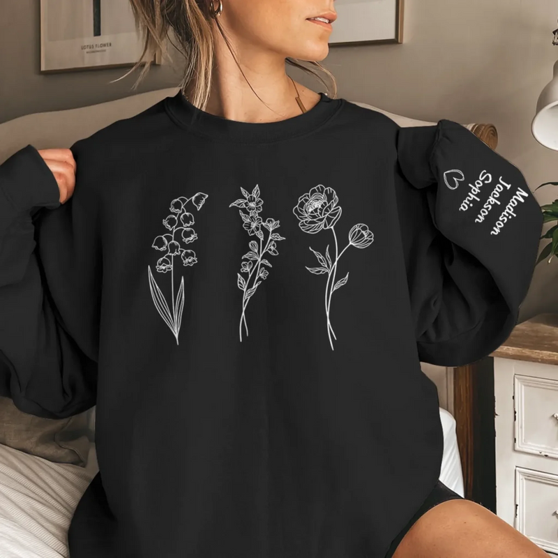 Blooming Bonds - Family Personalized Custom Unisex Sweatshirt, Hoodie With Design On Sleeve - Mother's Day, Gift For Mom, Grandma