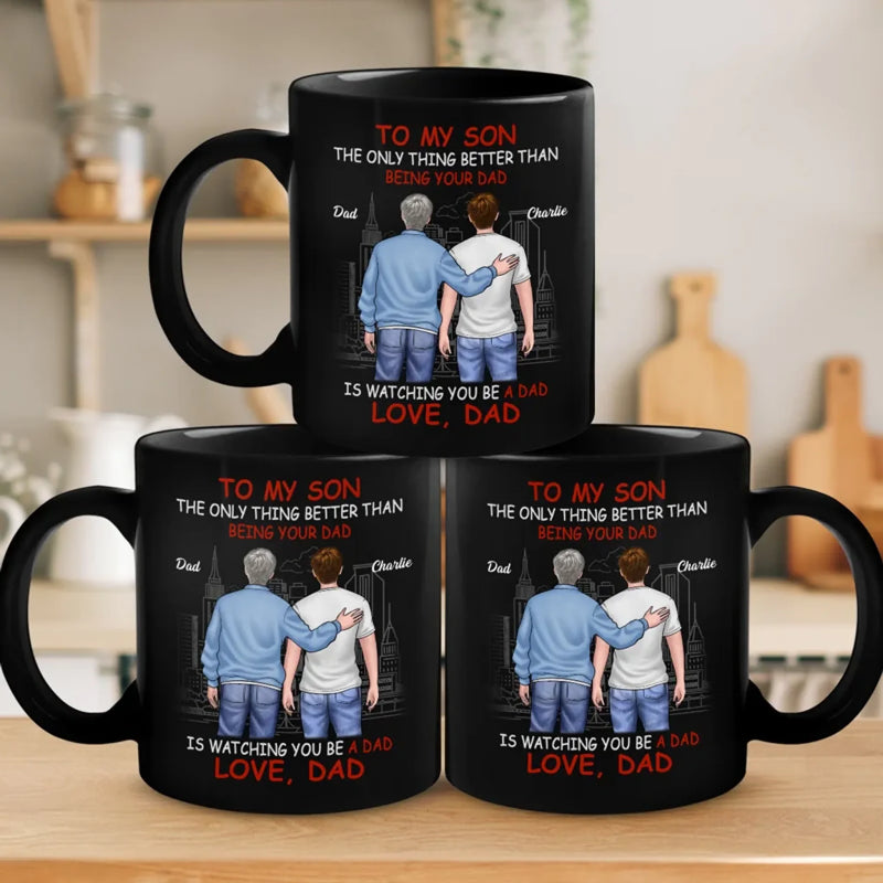 Guiding You, Watching You Grow - Family Personalized Custom Black Mug - Father's Day, Gift For Son