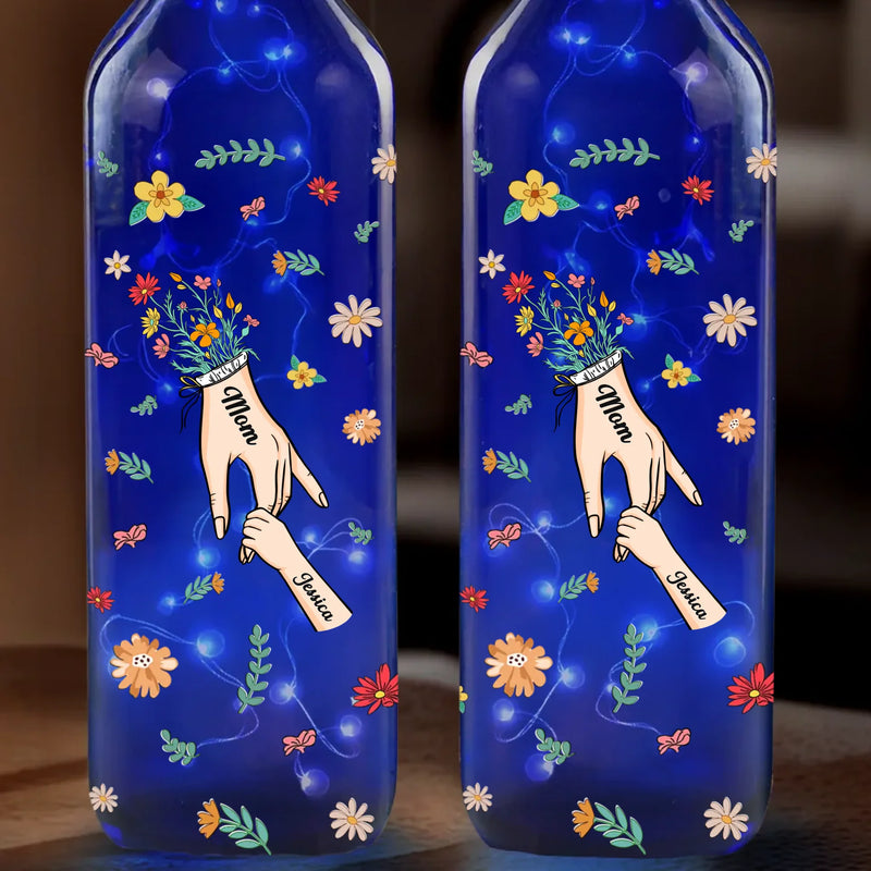A Mother’s Hands Hold Hearts - Family Personalized Custom Blue Bottle Lamp - Mother's Day, Gift For Mom, Daughter