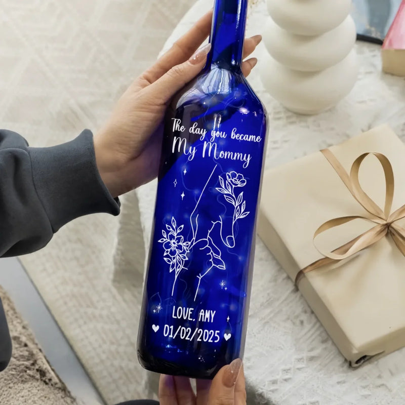 The Day You Became My Mommy - Family Personalized Custom Blue Bottle Lamp - Mother's Day, Baby Shower Gift, Gift For First Mom