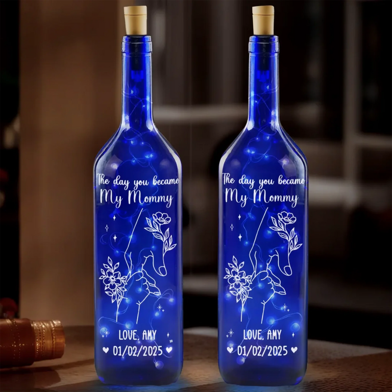 The Day You Became My Mommy - Family Personalized Custom Blue Bottle Lamp - Mother's Day, Baby Shower Gift, Gift For First Mom