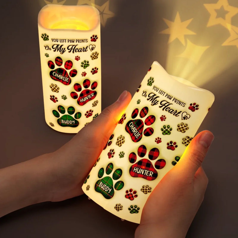 Your Paw Prints Are Forever Etched On My Heart - Memorial Personalized Custom LED Projection Flameless Candle - Sympathy Gift For Pet Owners, Pet Lovers
