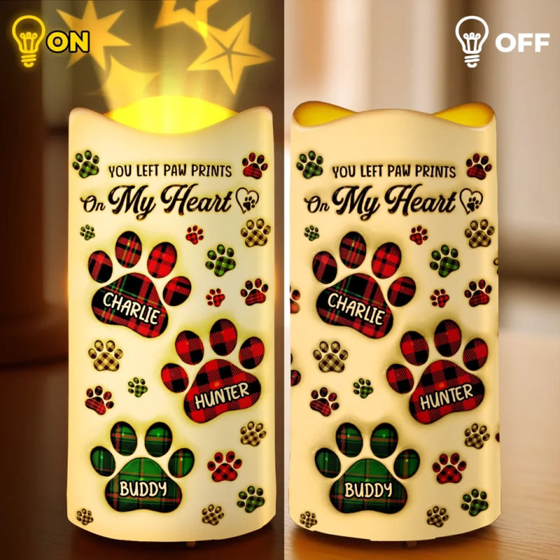 Your Paw Prints Are Forever Etched On My Heart - Memorial Personalized Custom LED Projection Flameless Candle - Sympathy Gift For Pet Owners, Pet Lovers
