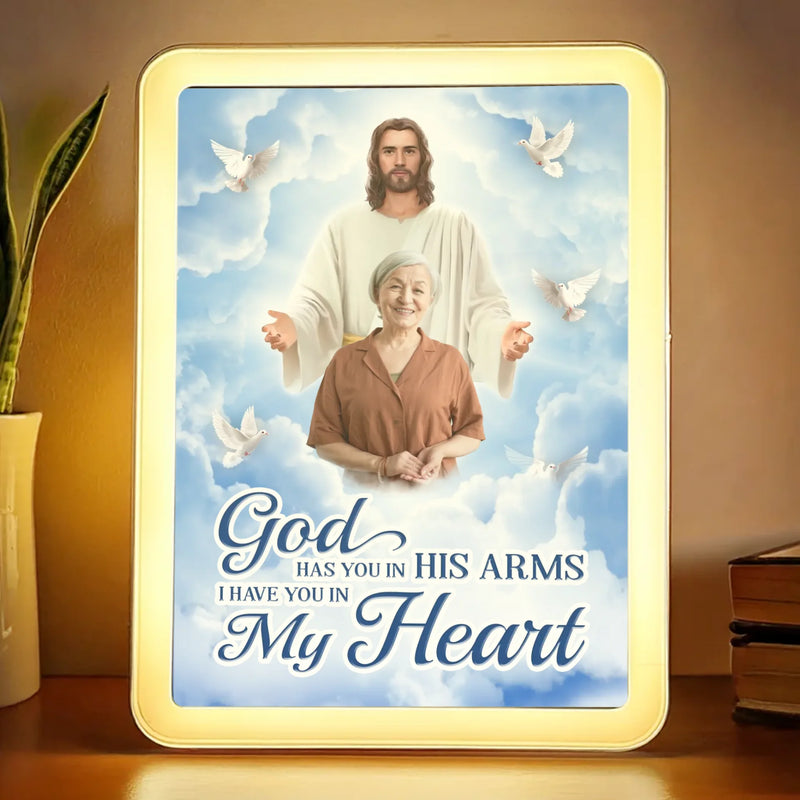 Custom Photo Held In His Hands, Loved For Eternity - Memorial Personalized Custom LED Mirror Frame Lamp - Sympathy Gift For Family Members