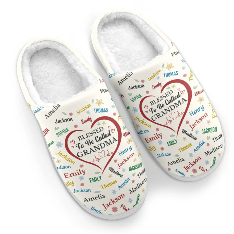 Blessed To Be Called Grandma - Family Personalized Custom Fluffy Slippers - Mother's Day, Gift For Mom, Grandma