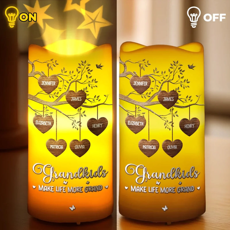 Where Love Grows, Grandkids Blossom - Family Personalized Custom LED Projection Flameless Candle - Gift For Grandma, Grandpa, Grandkid