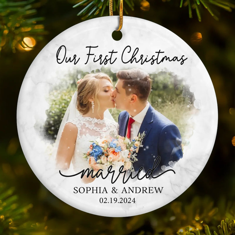 Custom Photo Our First Year Married - Couple Personalized Custom Ornament - Ceramic Round Shaped - Christmas Gift For Husband Wife, Anniversary, First Christmas