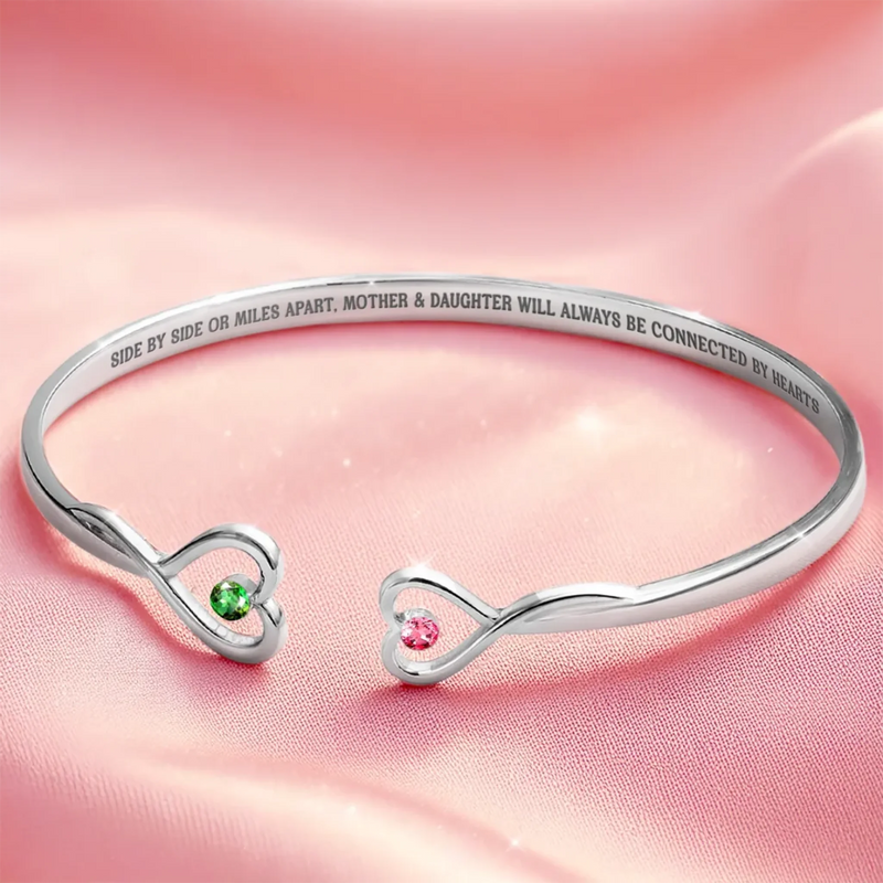Forever Bonded, Treasured Always - Family Personalized Custom Engraved Infinity Heart Bangle With Birthstones - Mother's Day, Gift For Mom, Daughter