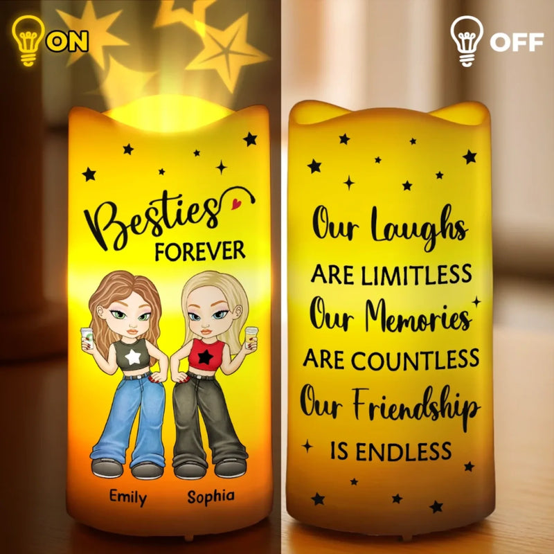 Besties Forever, Laughter Never Ends - Bestie Personalized Custom LED Projection Flameless Candle - Gift For Best Friends, BFF, Sisters