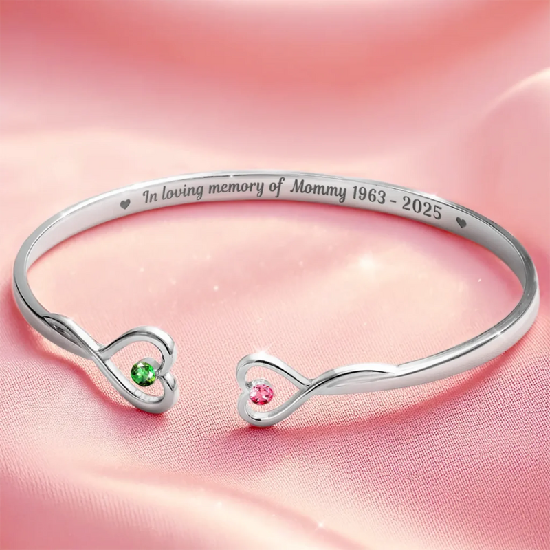 Forever In My Heart - Memorial Personalized Custom Engraved Infinity Heart Bangle With Birthstones - Sympathy Gift For Family Members