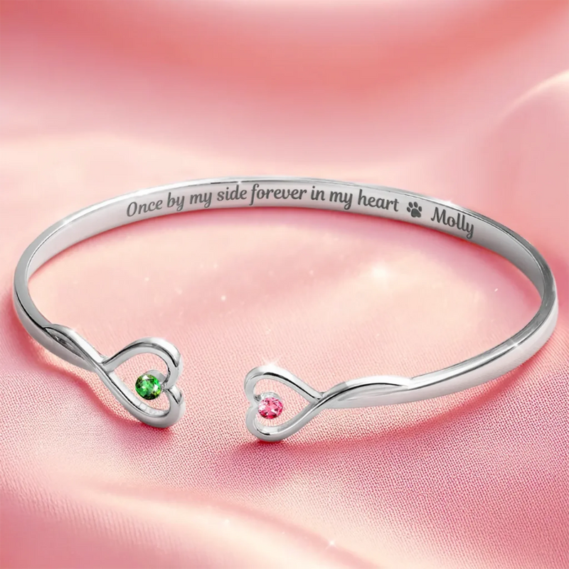 Once By My Side Forever In My Heart - Memorial Personalized Custom Engraved Infinity Heart Bangle With Birthstones - Sympathy Gift For Pet Owners, Pet Lovers