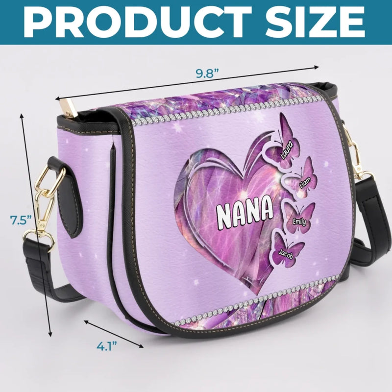 Grandma’s Love Makes Every Moment Magical - Family Personalized Custom Leather Saddle Bag - Mother's Day, Gift For Mom, Grandma