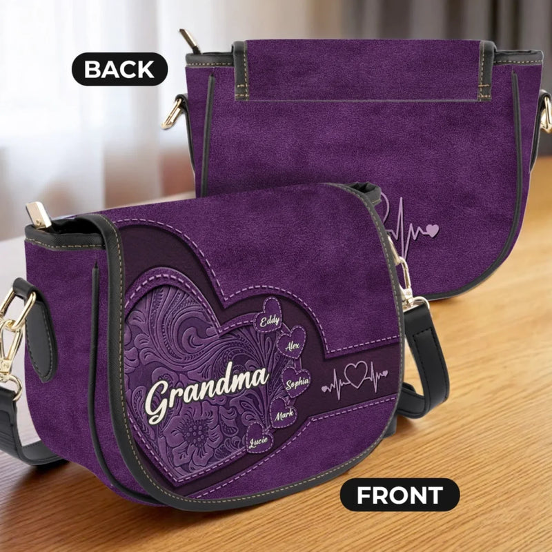 Love Written In Every Heartbeat - Family Personalized Custom Leather Saddle Bag - Mother's Day, Gift For Mom, Grandma