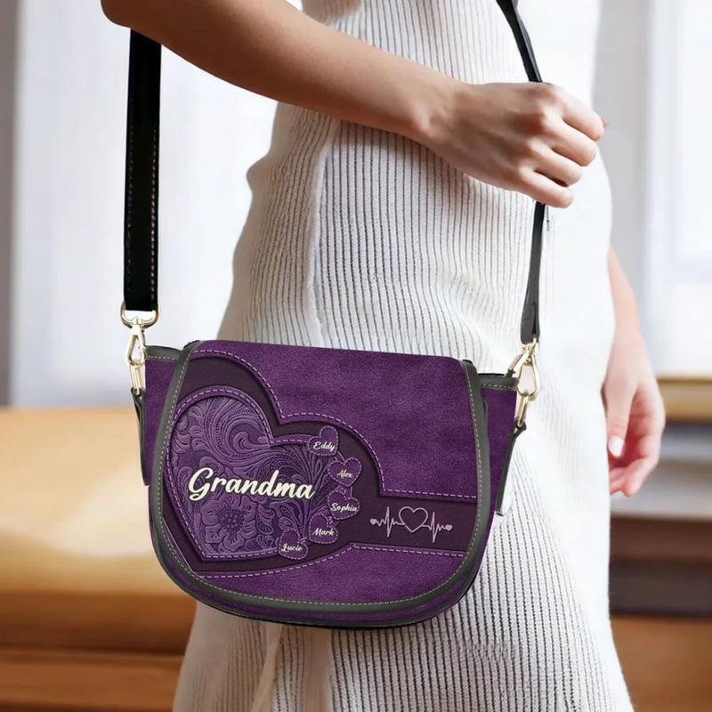 Love Written In Every Heartbeat - Family Personalized Custom Leather Saddle Bag - Mother's Day, Gift For Mom, Grandma