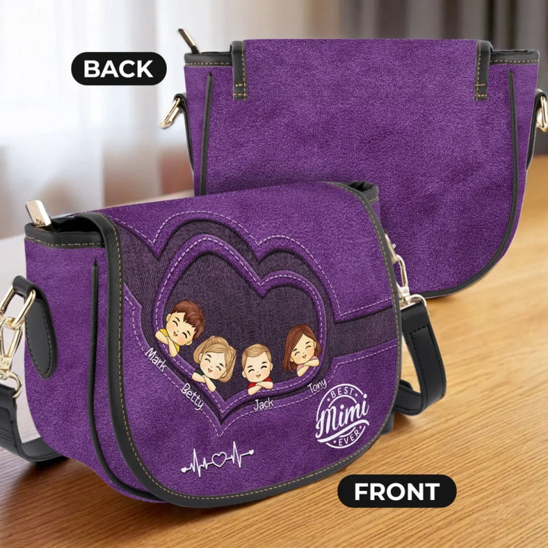 A Purse Full Of Love, A Heart Full Of Grandkids - Family Personalized Custom Leather Saddle Bag - Mother's Day, Gift For Mom, Grandma
