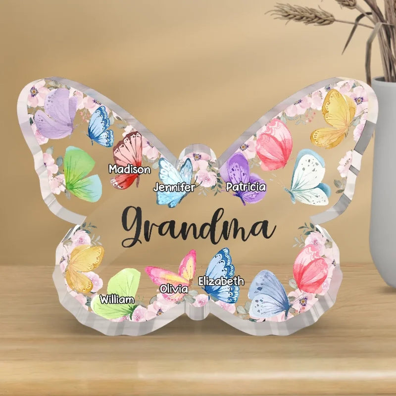 Love Grows Wings In A Grandma’s Heart - Family Personalized Custom Butterfly Shaped Acrylic Plaque - Mother's Day, Gift For Mom, Grandma