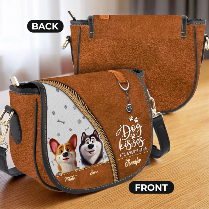 Love, Licks, And Wagging Tails - Dog Personalized Custom Leather Saddle Bag - Gift For Pet Owners, Pet Lovers