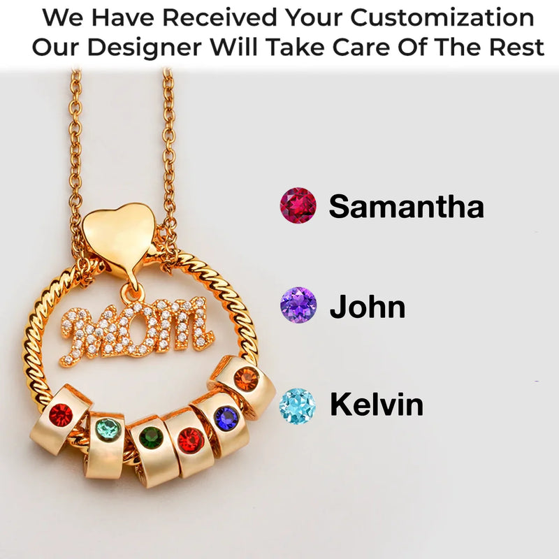 Mom’s Love, Forever Engraved - Family Personalized Custom Circle Pendant With Birthstone Beads Necklace - Mother's Day, Gift For Mom