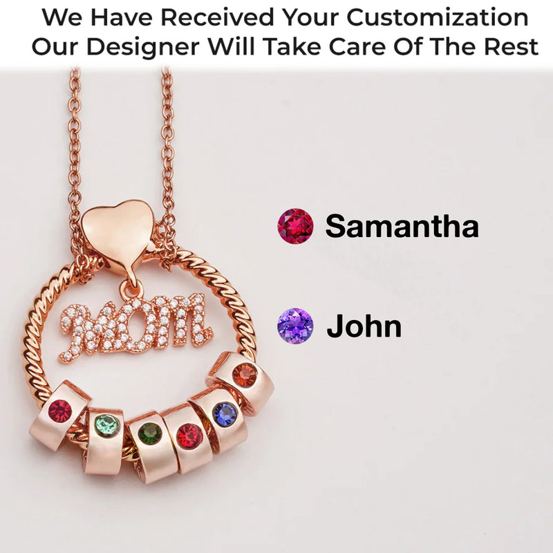 Mom’s Love, Forever Engraved - Family Personalized Custom Circle Pendant With Birthstone Beads Necklace - Mother's Day, Gift For Mom