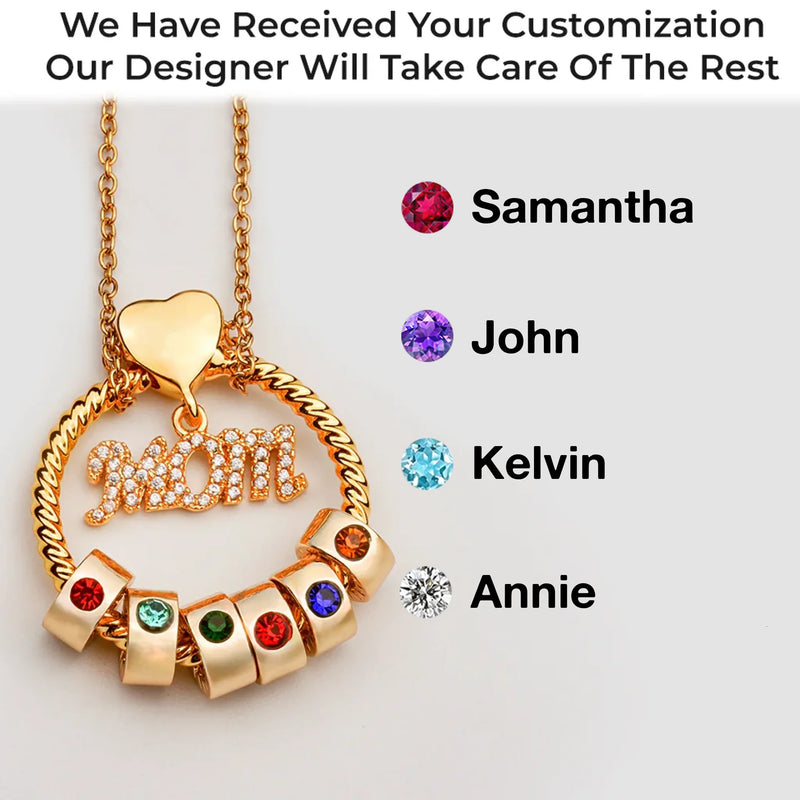 Mom’s Love, Forever Engraved - Family Personalized Custom Circle Pendant With Birthstone Beads Necklace - Mother's Day, Gift For Mom