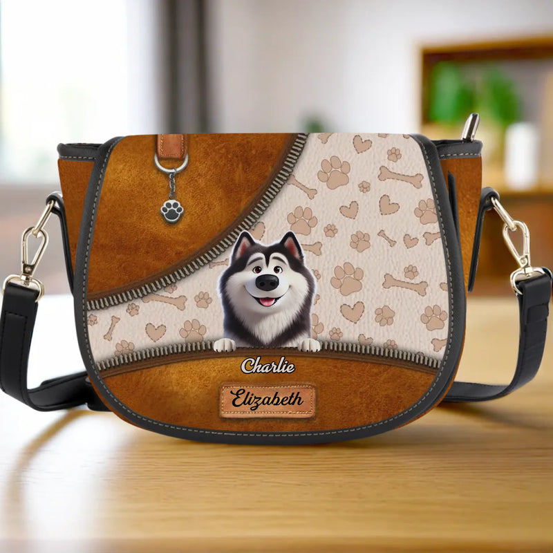 Happiness Is A Wagging Tail & A Loving Heart - Dog Personalized Custom Leather Saddle Bag - Gift For Pet Owners, Pet Lovers