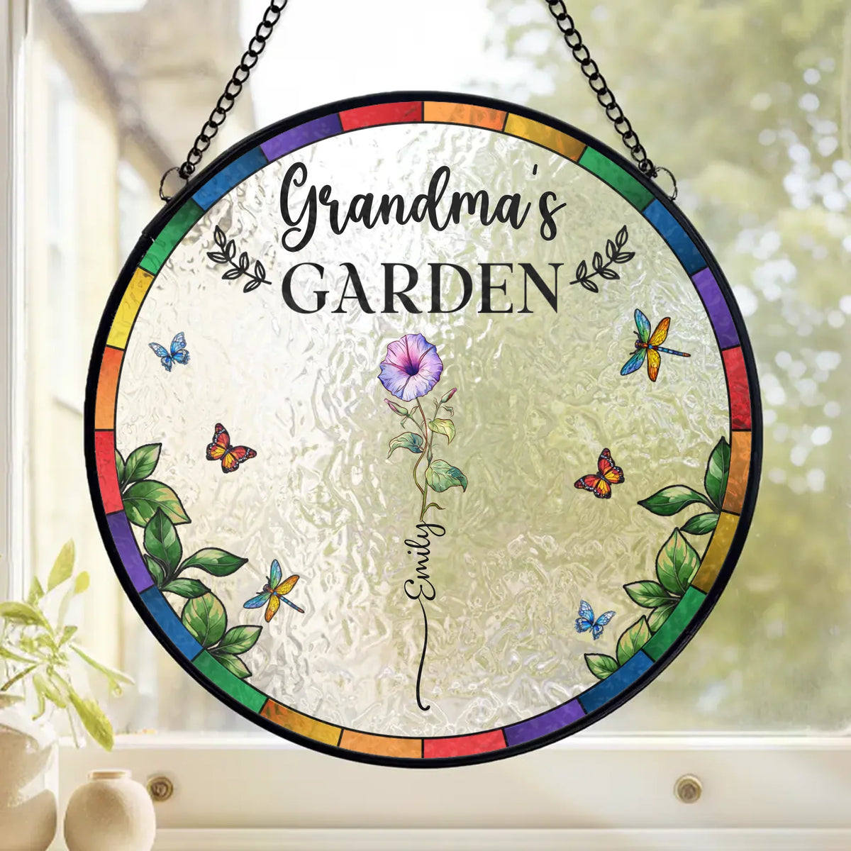 Where Grandkids Grow And Love Blooms - Family Personalized Custom Stained Glass Window Hanging Suncatcher - Mother's Day, Gift For Mom, Grandma