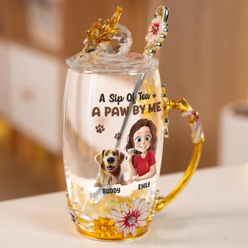 A Sip Of Tea A Paw By Me - Dog Personalized Custom Enamel Flower Tea Cup With Lid & Spoon - Gift For Pet Owners, Pet Lovers