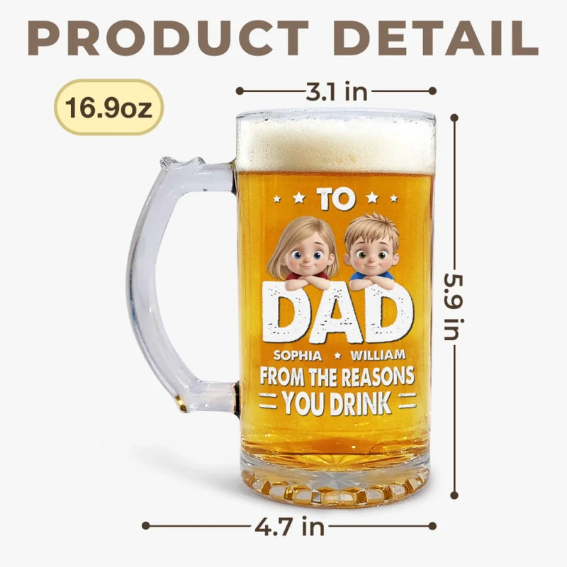 Here's To Dad, The Man Behind Our Cheers - Family Personalized Custom Glass Beer Mug - Father's Day, Gift For Dad, Grandpa