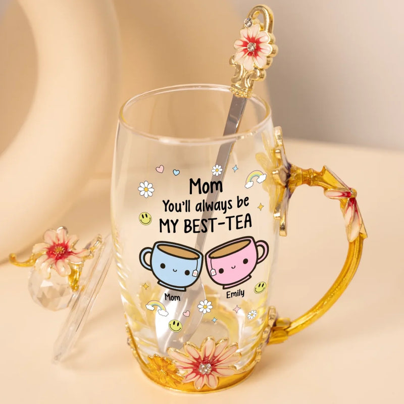 Tea Time, Love Time - Family Personalized Custom Enamel Flower Tea Cup With Lid & Spoon - Mother's Day, Gift For Mom, Daughter