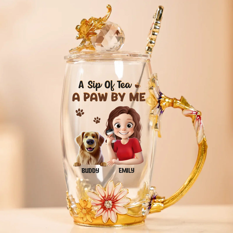 A Sip Of Tea A Paw By Me - Dog Personalized Custom Enamel Flower Tea Cup With Lid & Spoon - Gift For Pet Owners, Pet Lovers