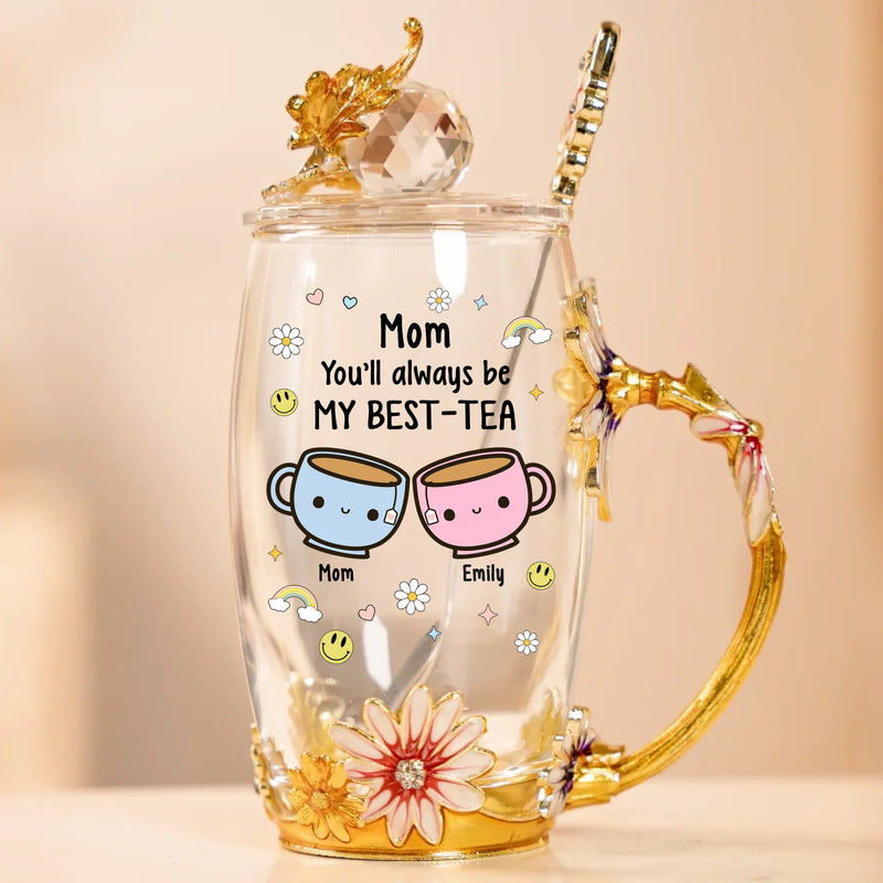 Tea Time, Love Time - Family Personalized Custom Enamel Flower Tea Cup With Lid & Spoon - Mother's Day, Gift For Mom, Daughter