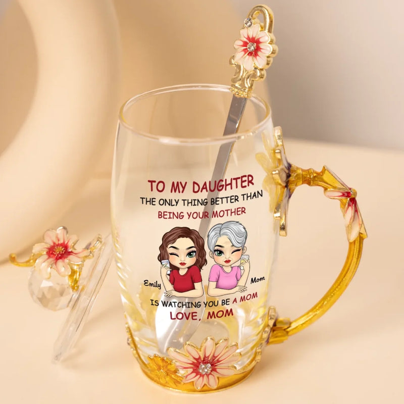 The Love Between Us Never Fades - Family Personalized Custom Enamel Flower Tea Cup With Lid & Spoon - Mother's Day, Gift For Mom, Daughter