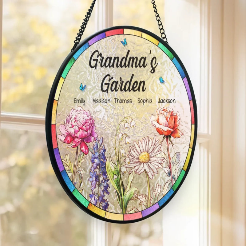 A Grandma’s Garden Is Where Love Grows - Family Personalized Custom Stained Glass Window Hanging Suncatcher - Mother's Day, Gift For Mom, Grandma