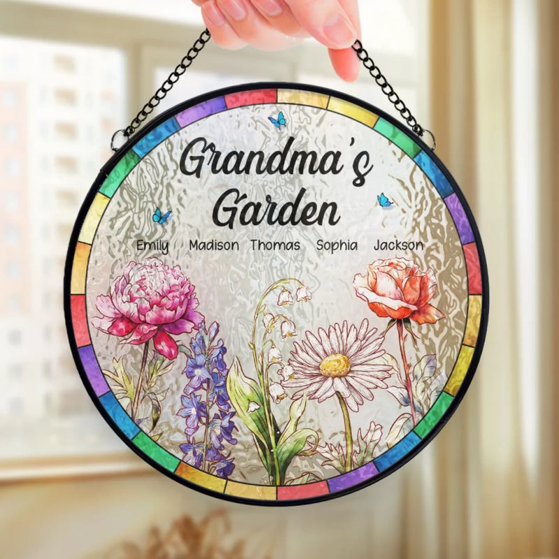 A Grandma’s Garden Is Where Love Grows - Family Personalized Custom Stained Glass Window Hanging Suncatcher - Mother's Day, Gift For Mom, Grandma